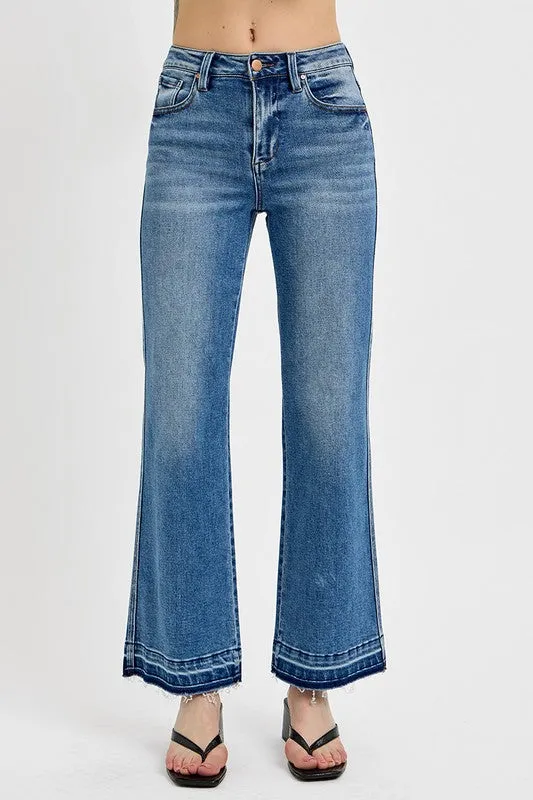 RISEN Medium Washed Raw Hem Ankle Bootcut Jeans