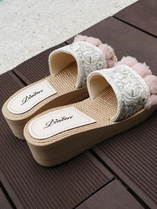 Seven Seas Elysium Embroidered Pom Pom Wedge Sandal in White Pink