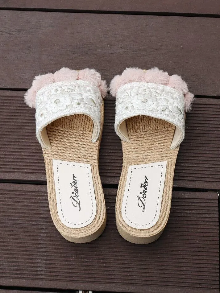 Seven Seas Elysium Embroidered Pom Pom Wedge Sandal in White Pink