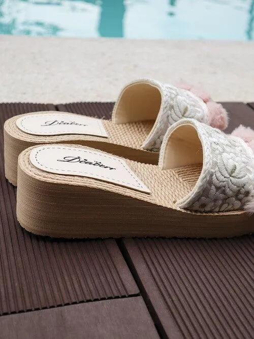 Seven Seas Elysium Embroidered Pom Pom Wedge Sandal in White Pink