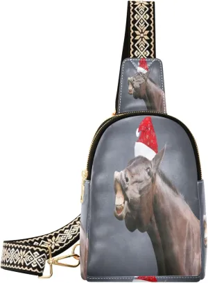 Small Sling Bag Fanny Packs Crossbody Bags for Women Christmas Horse with Hat Leather Fashion Chest Bag Belt Bag for Women for Travel Sports Running Hiking