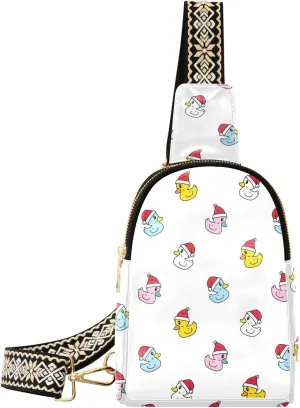 Small Sling Bag Fanny Packs Crossbody Bags for Women Colorful Duck Christmas Hat Leather Fashion Chest Bag Belt Bag for Women for Travel Sports Running Hiking