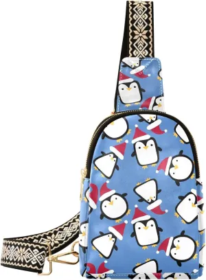 Small Sling Bag Fanny Packs Crossbody Bags for Women Cute Christmas Hat Penguin Leather Fashion Chest Bag Belt Bag for Women for Travel Sports Running Hiking