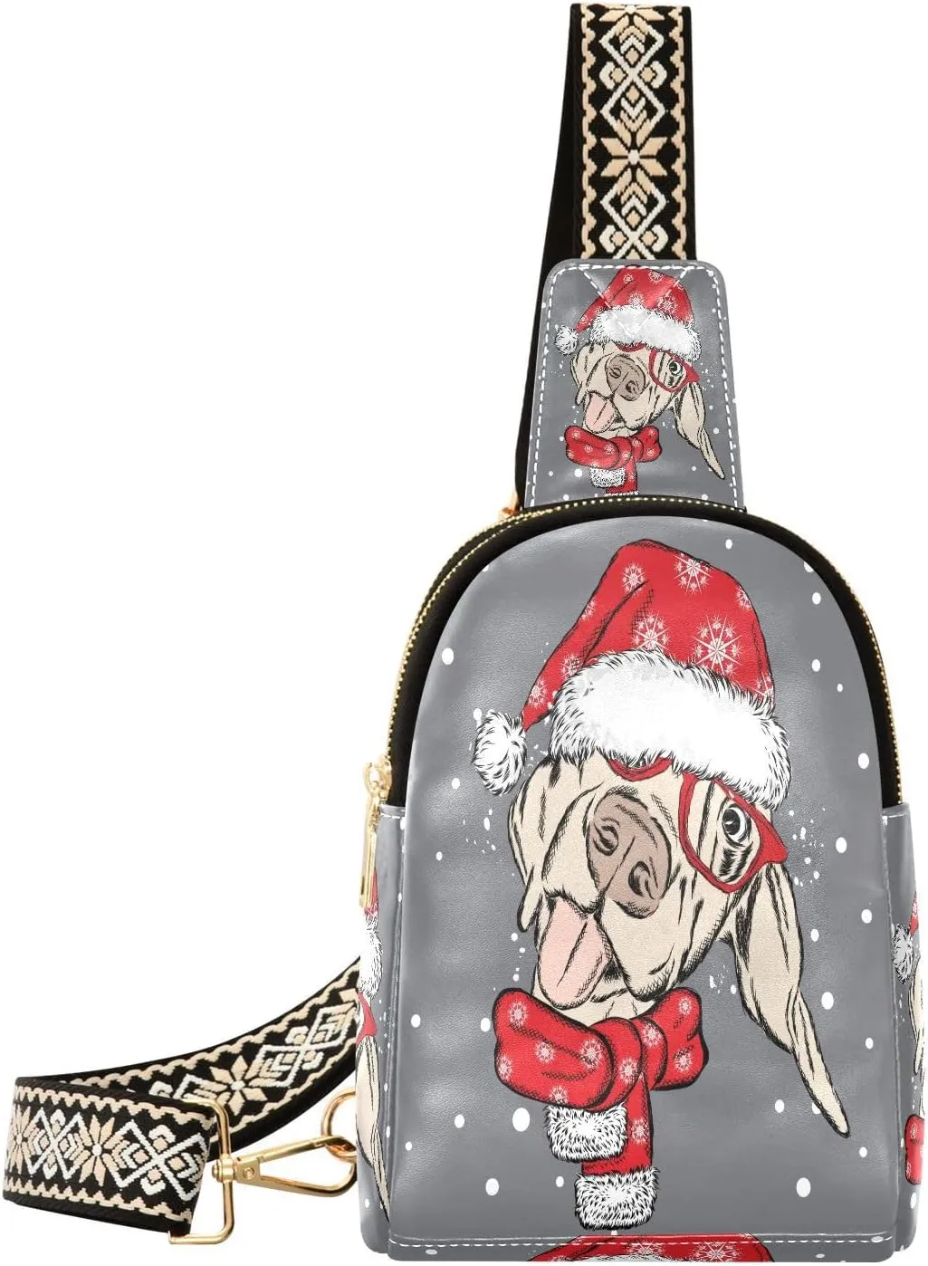 Small Sling Bag Fanny Packs Crossbody Bags for Women Dog in A Christmas Hat Leather Fashion Chest Bag Belt Bag for Women for Travel Sports Running Hiking