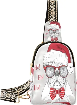 Small Sling Bag Fanny Packs Crossbody Bags for Women Dog in Santa's Hat Leather Fashion Chest Bag Belt Bag for Women for Travel Sports Running Hiking