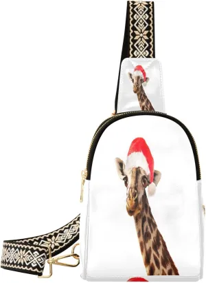 Small Sling Bag Fanny Packs Crossbody Bags for Women Giraffe Head in Santa Hat Leather Fashion Chest Bag Belt Bag for Women for Travel Sports Running Hiking