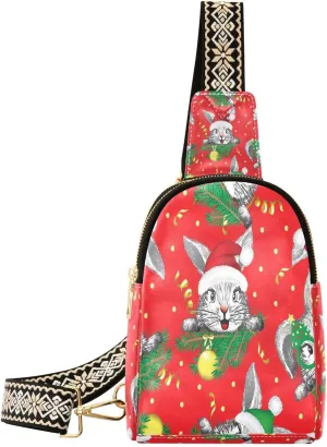 Small Sling Bag Fanny Packs Crossbody Bags for Women Happy Bunny in Santa Hat Leather Fashion Chest Bag Belt Bag for Women for Travel Sports Running Hiking