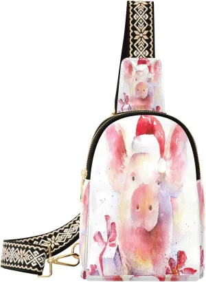 Small Sling Bag Fanny Packs Crossbody Bags for Women Piglet in Santa Claus Hat Leather Fashion Chest Bag Belt Bag for Women for Travel Sports Running Hiking