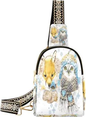 Small Sling Bag for Women Fox Owl in A Knitted Hat Leather Crossbody Bag Snowflake Fashion Waist Packs with Guitar Strap Trendy Fanny Pack Crossbody Outdoor