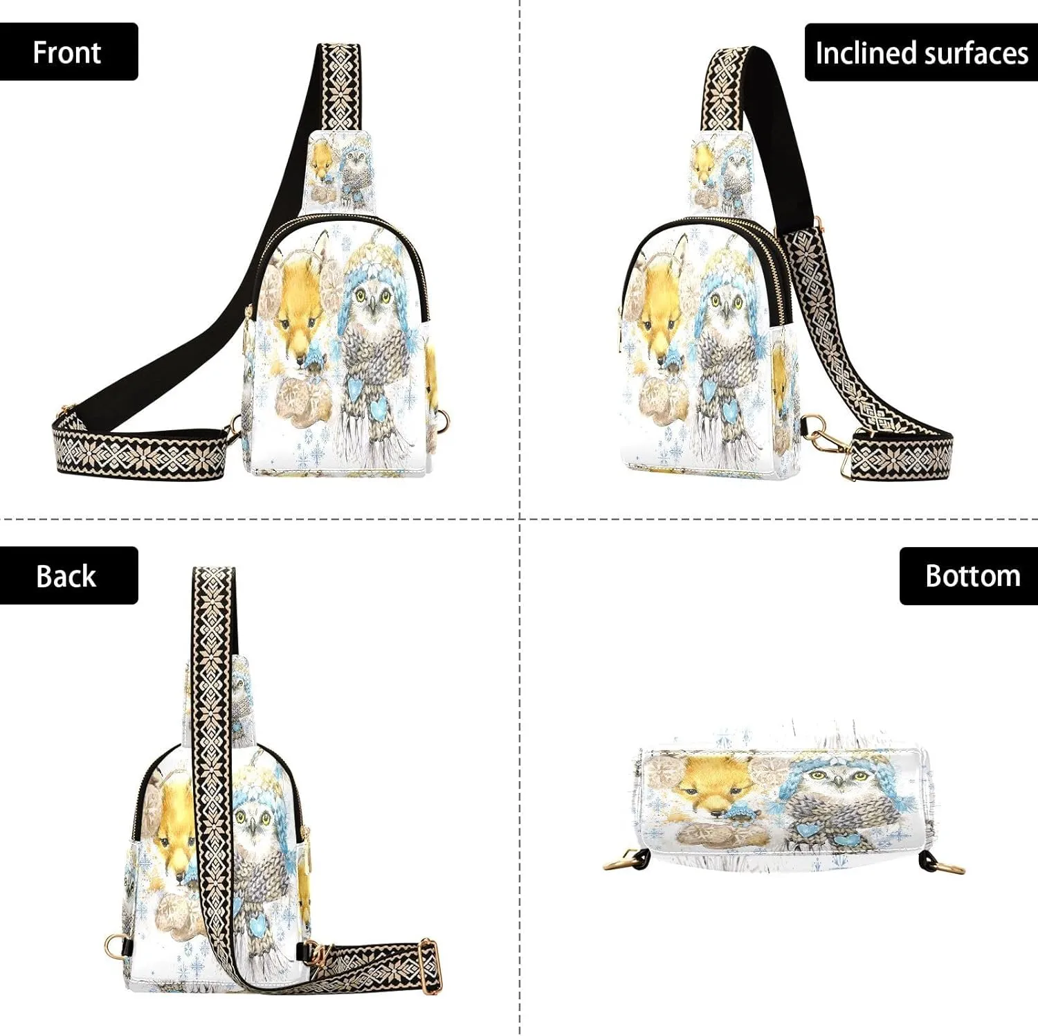Small Sling Bag for Women Fox Owl in A Knitted Hat Leather Crossbody Bag Snowflake Fashion Waist Packs with Guitar Strap Trendy Fanny Pack Crossbody Outdoor