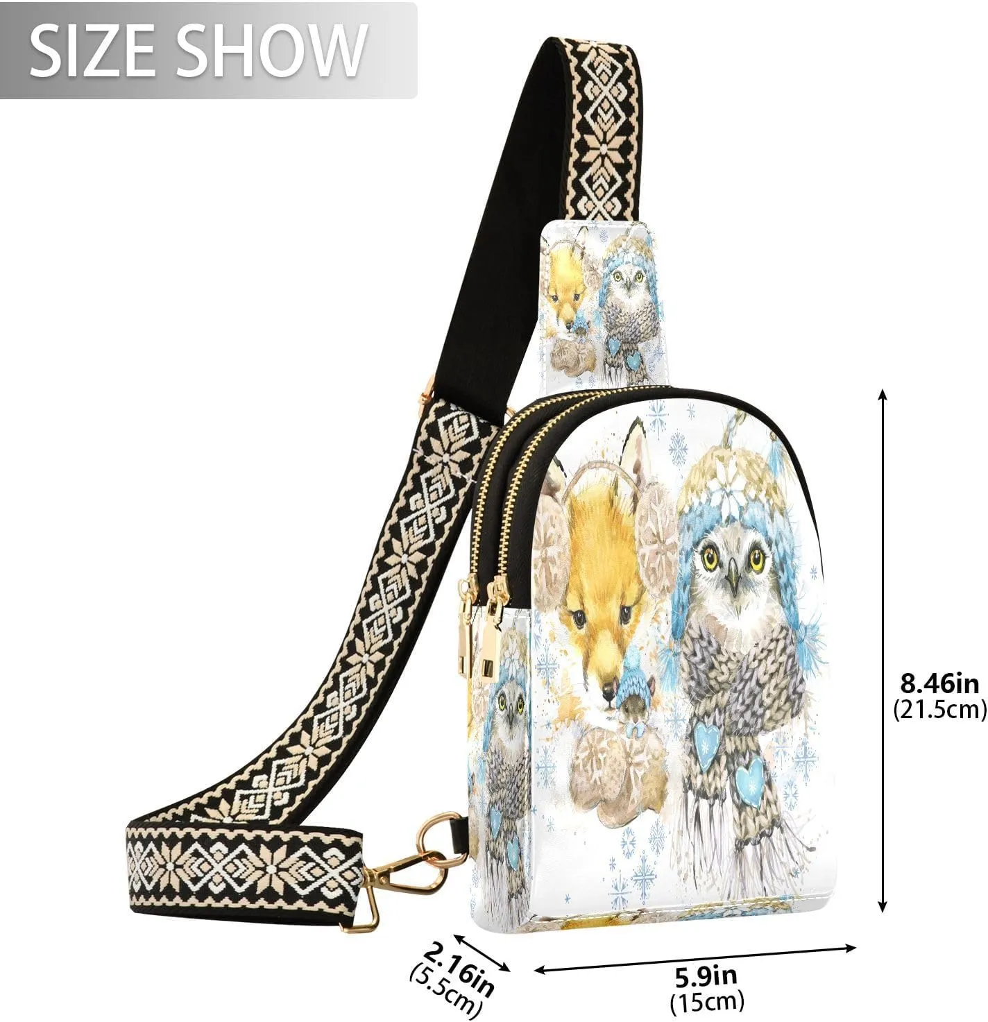 Small Sling Bag for Women Fox Owl in A Knitted Hat Leather Crossbody Bag Snowflake Fashion Waist Packs with Guitar Strap Trendy Fanny Pack Crossbody Outdoor