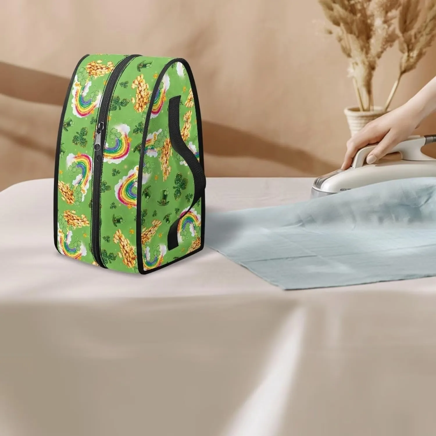 St.Patrick's Day Gold Rainbow Shamrock Leprechaun Hat Print Portable Steam Iron Bag Travel Iron Organizer with Zipper Lightweight Garment Steamer Case for Travel Case Only