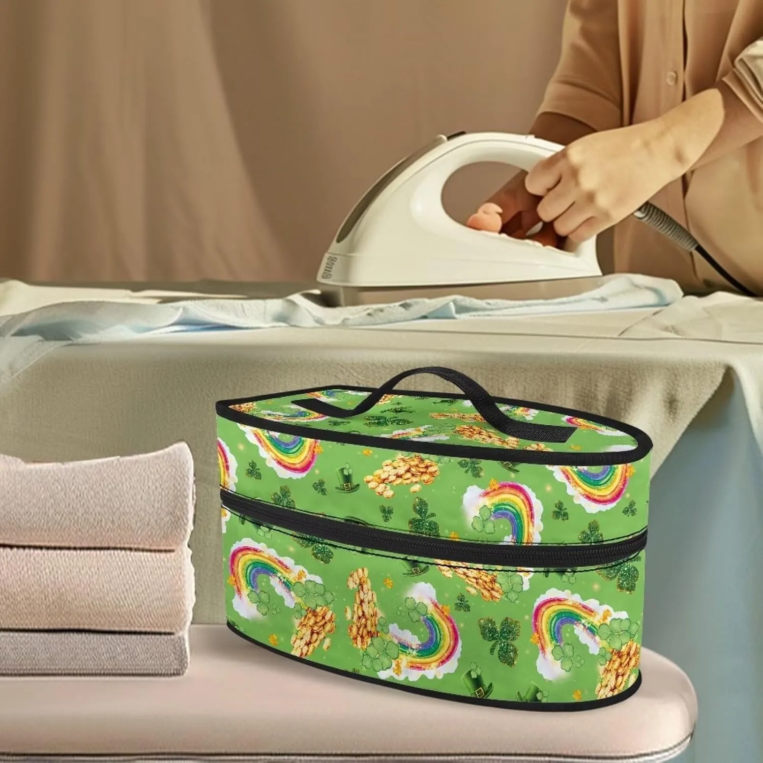 St.Patrick's Day Gold Rainbow Shamrock Leprechaun Hat Print Portable Steam Iron Bag Travel Iron Organizer with Zipper Lightweight Garment Steamer Case for Travel Case Only