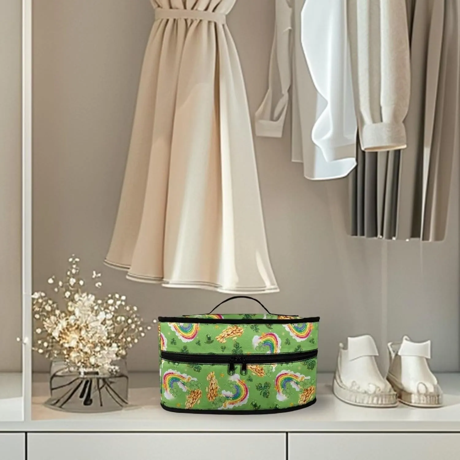 St.Patrick's Day Gold Rainbow Shamrock Leprechaun Hat Print Portable Steam Iron Bag Travel Iron Organizer with Zipper Lightweight Garment Steamer Case for Travel Case Only