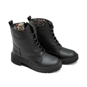 Textured Leather Combat Boot -Black