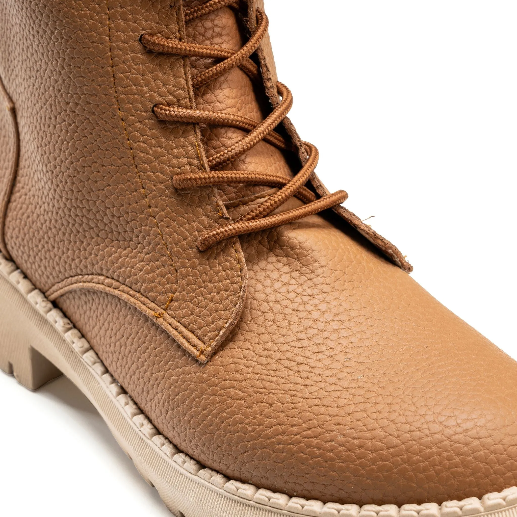Textured Leather Combat Boot - Camel