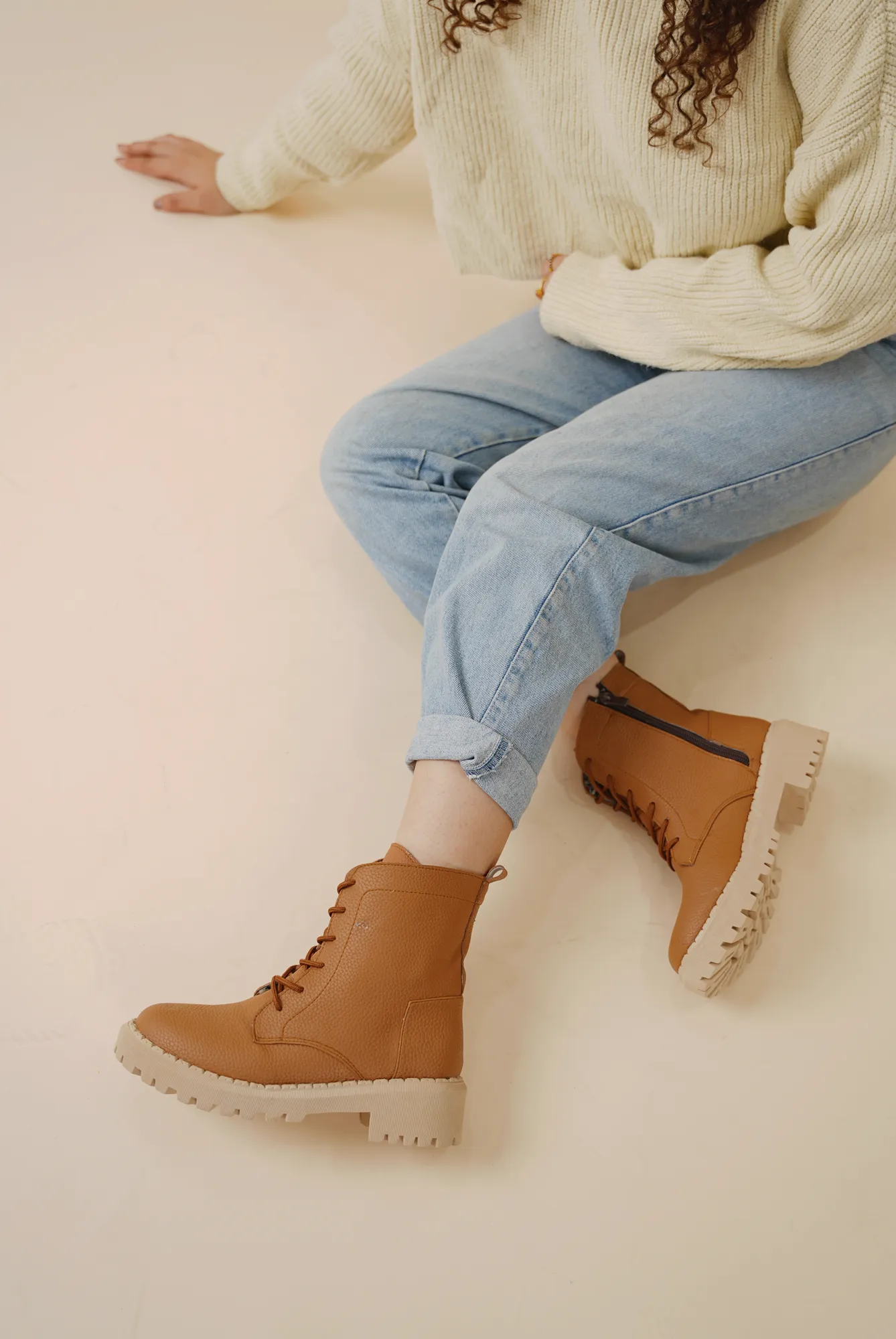 Textured Leather Combat Boot - Camel