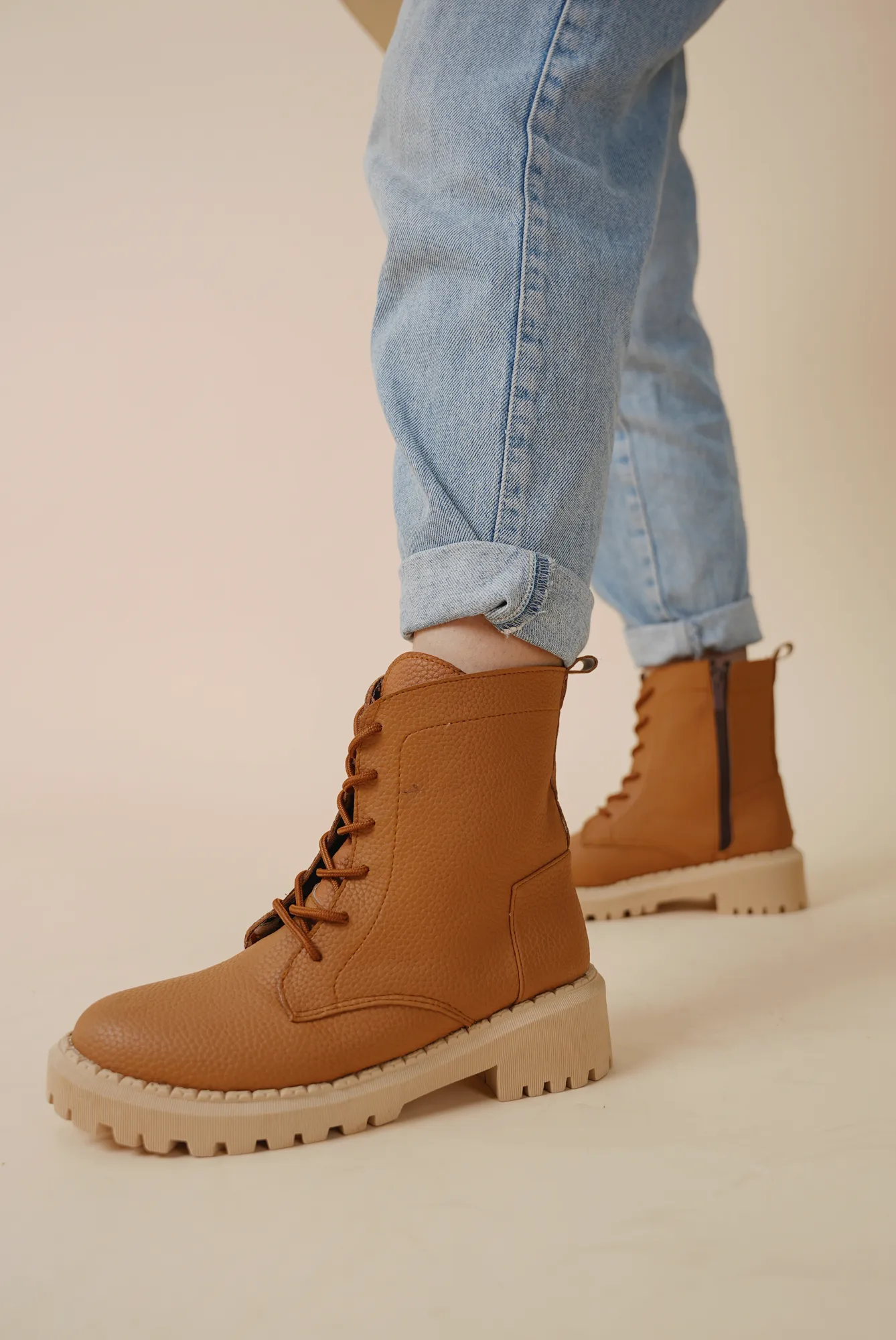 Textured Leather Combat Boot - Camel
