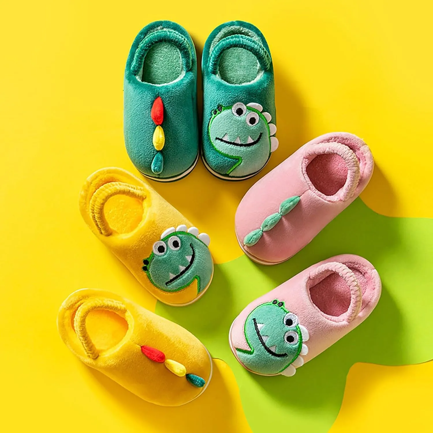 Toddler Boys Girls Dinosaur House Slippers with Fleece Lining Cozy Household Shoes Non-Slip Fuzzy Kids Shoes