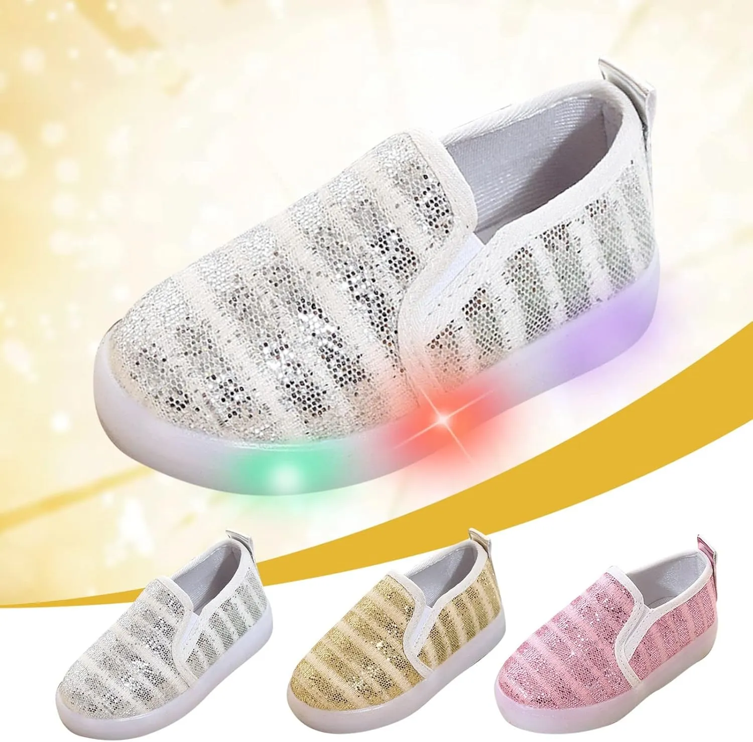 Toddler Light Up Shoes Kids Slip On Canvas Sneakers Walking Shoes Dress Glitter Sequins Shoes for Girls Loafers