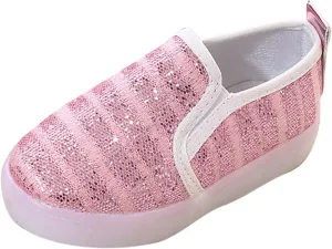 Toddler Light Up Shoes Kids Slip On Canvas Sneakers Walking Shoes Dress Glitter Sequins Shoes for Girls Loafers