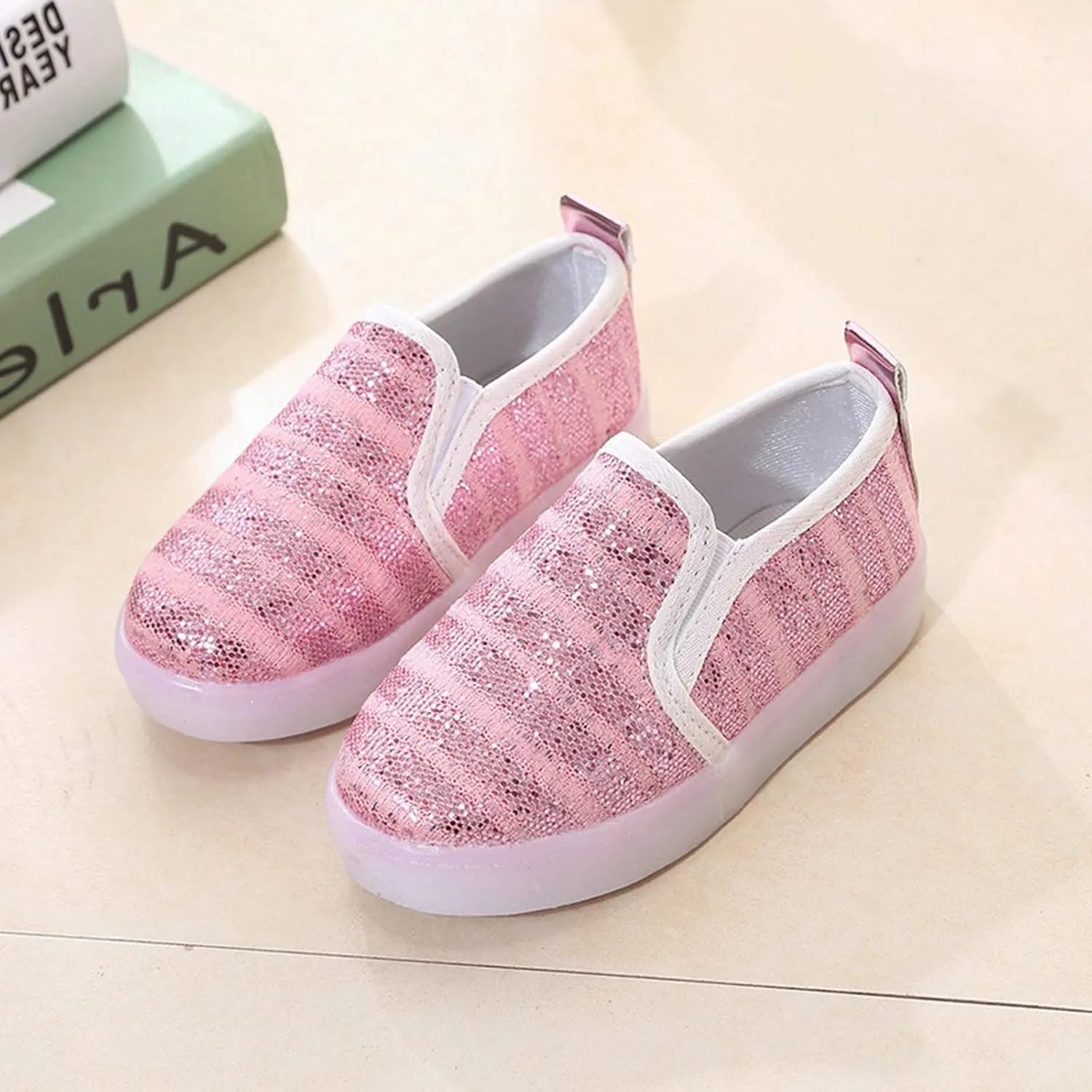 Toddler Light Up Shoes Kids Slip On Canvas Sneakers Walking Shoes Dress Glitter Sequins Shoes for Girls Loafers