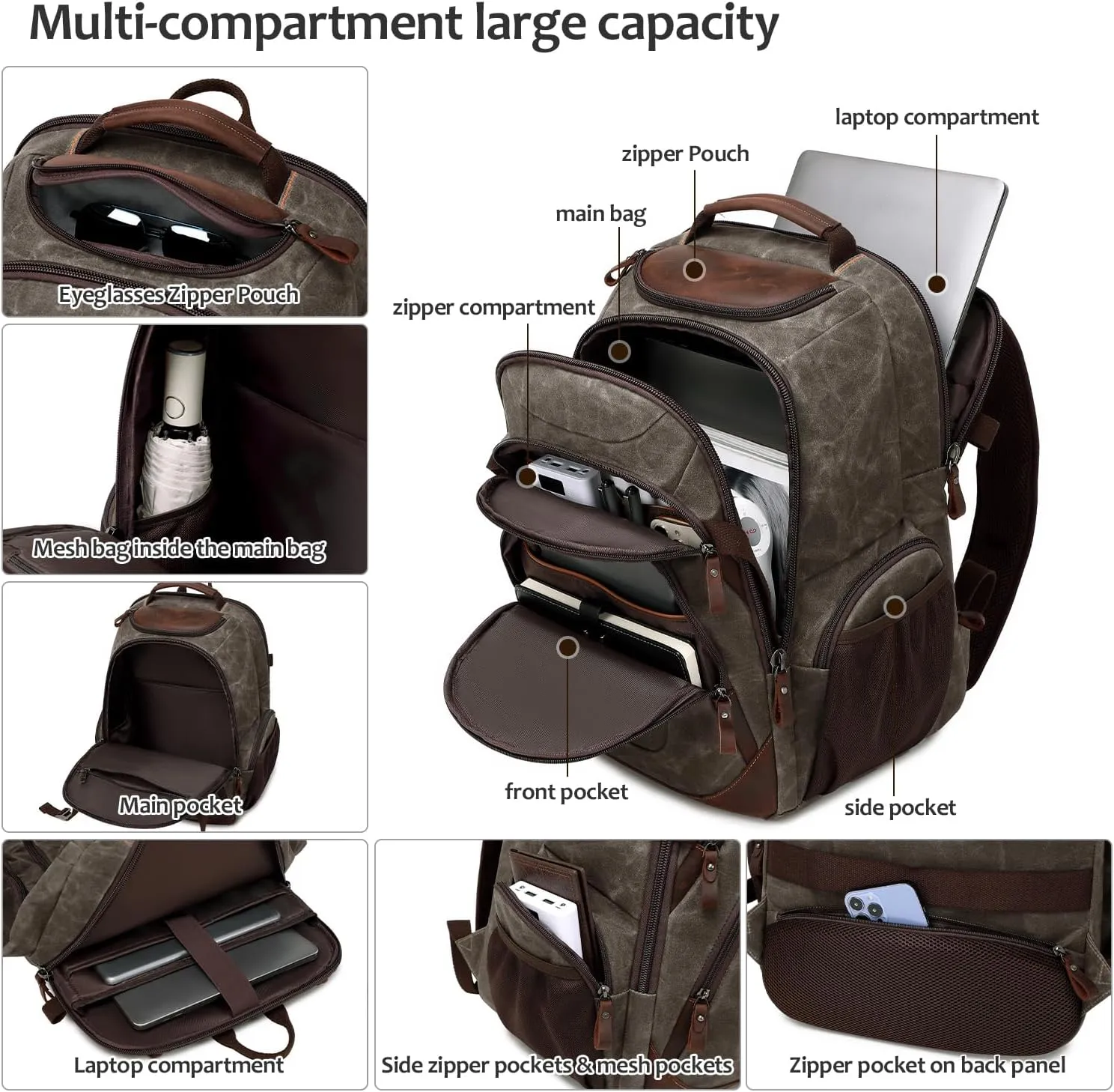 Travel Laptop Backpack 17.3 inch XL Computer Backpack for Men Waxed Canvas College Daypack Business Backpack Green
