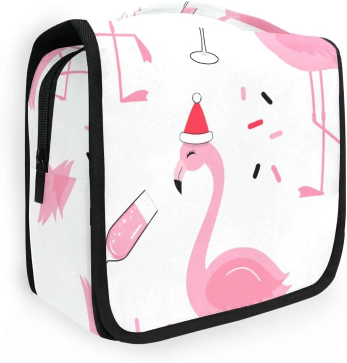 Travel Toiletry Bag Cosmetic Bag Flamingo Christmas Hat Portable Hanging Cosmetic Case Traveling With Leakproof Compartment Makeup Toiletries Cosmetic Organizer for Women Men