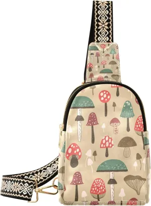Vintage Mushroom Small Sling Bag for Women,Leather Fanny Pack,Crossbody Waist Bag With Adjustable Guitar Strap
