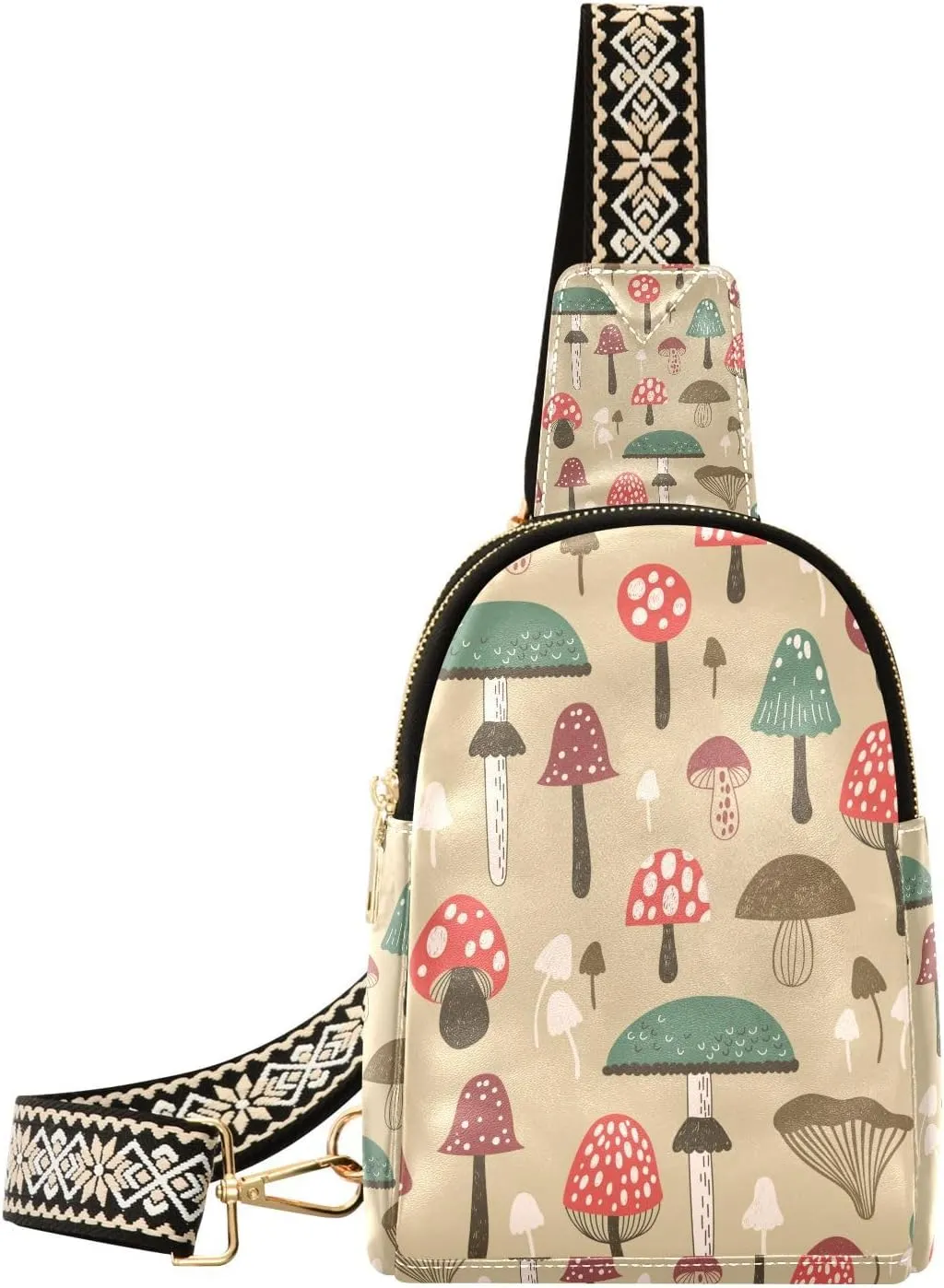 Vintage Mushroom Small Sling Bag for Women,Leather Fanny Pack,Crossbody Waist Bag With Adjustable Guitar Strap