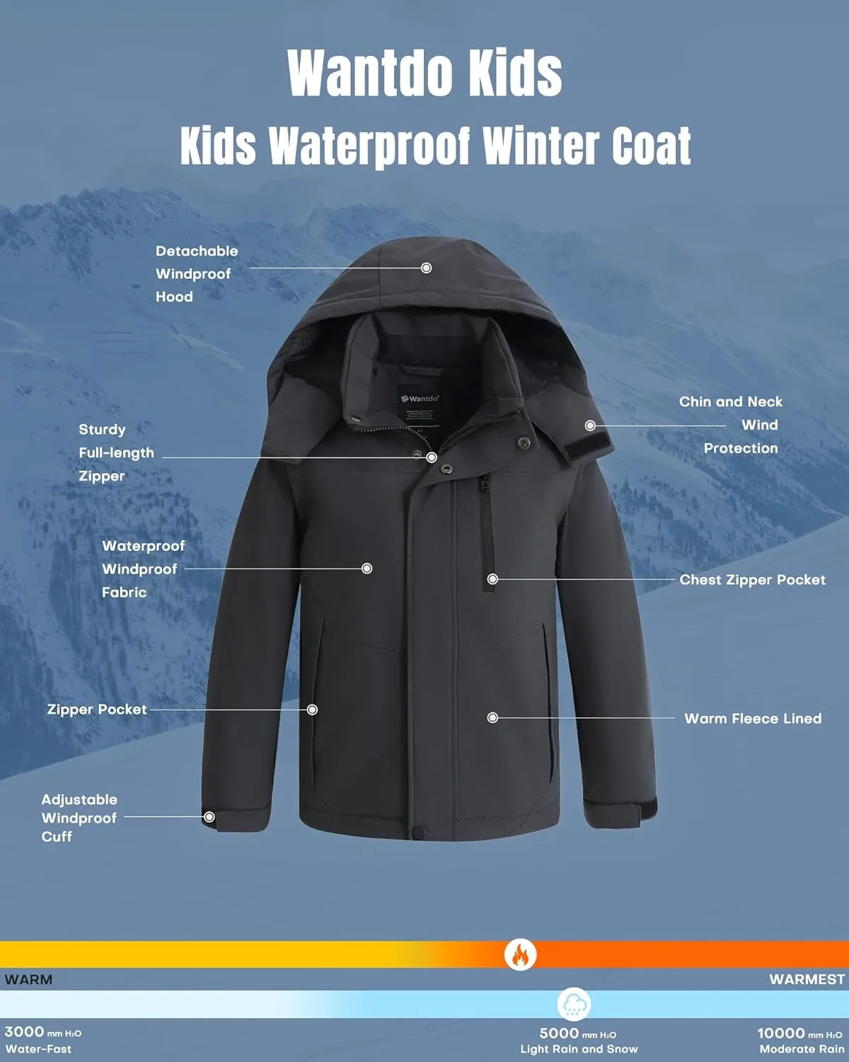 Wantdo Boy's Waterproof Ski Jacket Fleece Snowboarding Jackets Warm Thick Winter Coat Hooded Raincoats
