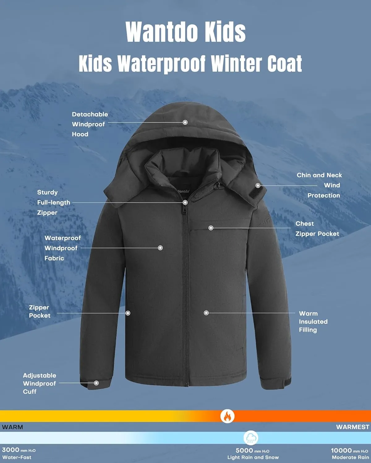 wantdo Boys Winter Coat Waterproof windbreaker Snow Ski Jacket Warm Thick Rain Jacket Kids Coats with Removable Hood