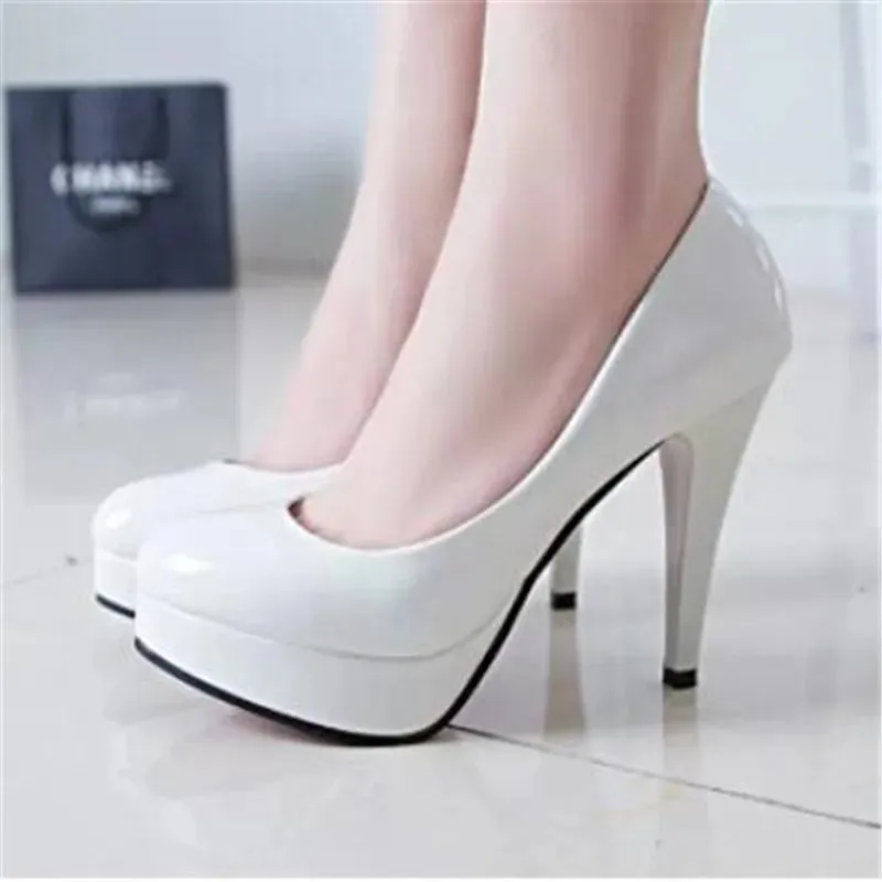 Women Pumps Fashion Classic Patent Leather High Heels Shoes Nude Sharp Head Paltform Wedding Women Dress Shoes Plus Size 34-42