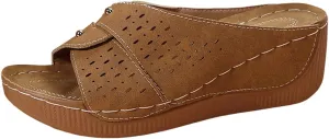 Women Summer Sandals Low Heel Slip On Casual Comfortable Arch Support Beach Walking Shoes for Daily Outfits