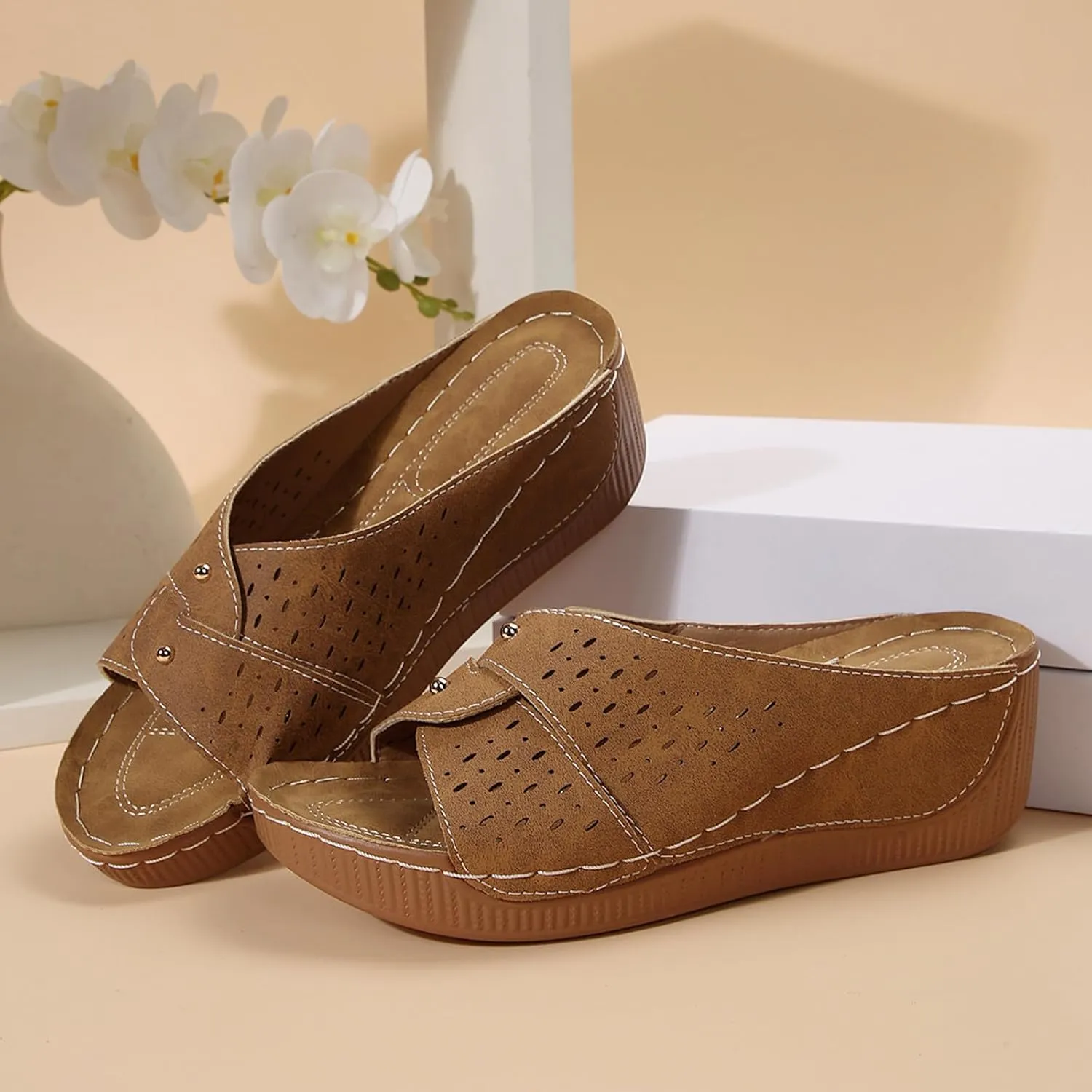 Women Summer Sandals Low Heel Slip On Casual Comfortable Arch Support Beach Walking Shoes for Daily Outfits