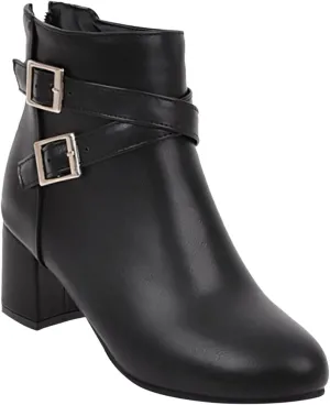 Womens Boots Exquisite Leather Side Zipper Thick Heel Boots for Women Elegant Belt Buckle Cozy Short Boots