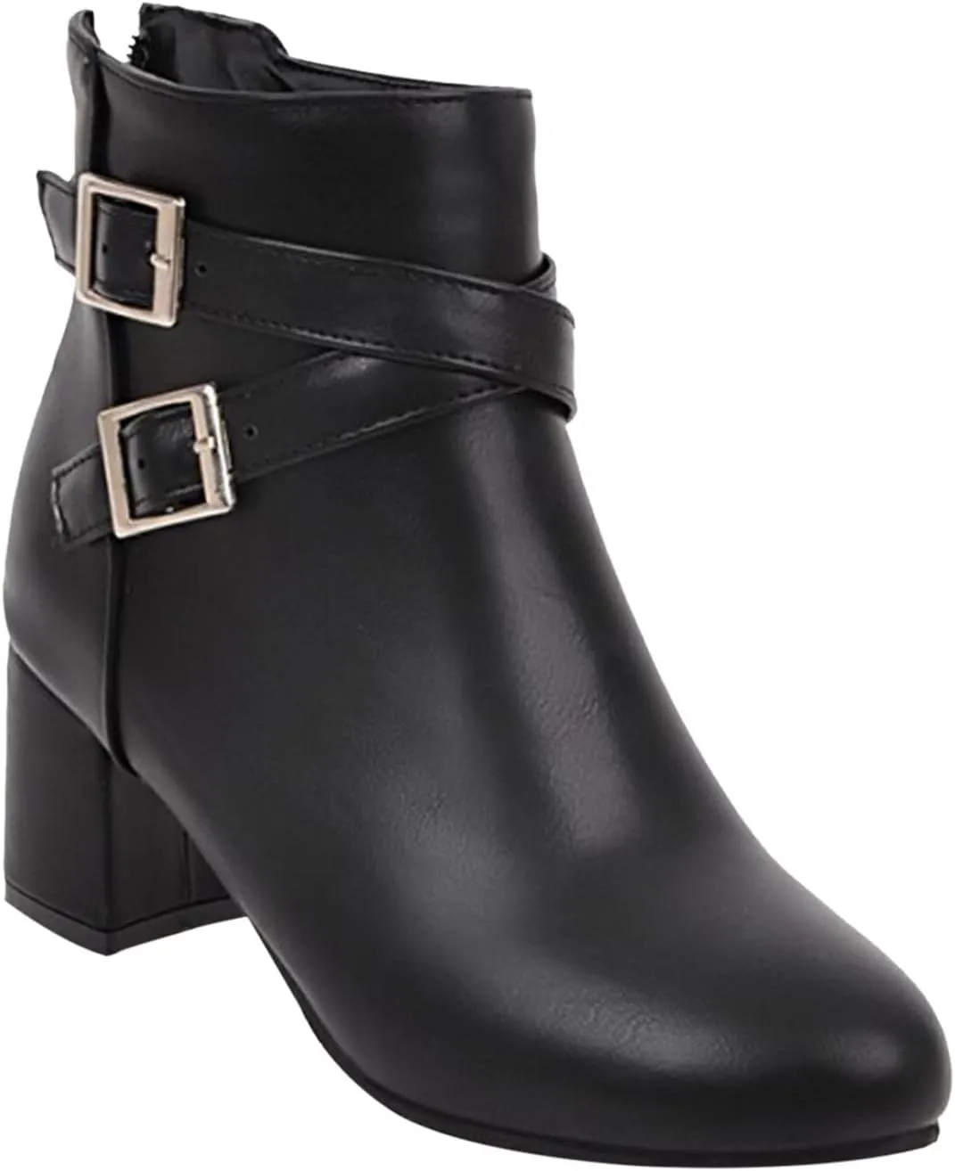 Womens Boots Exquisite Leather Side Zipper Thick Heel Boots for Women Elegant Belt Buckle Cozy Short Boots