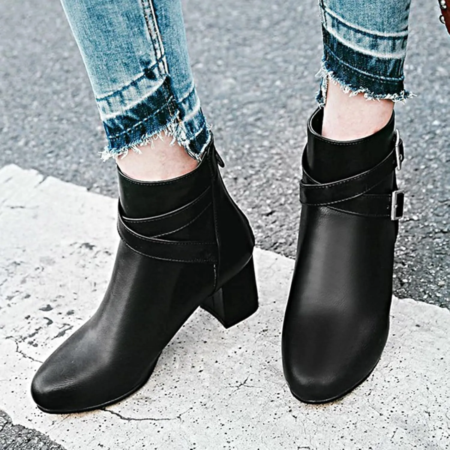 Womens Boots Exquisite Leather Side Zipper Thick Heel Boots for Women Elegant Belt Buckle Cozy Short Boots