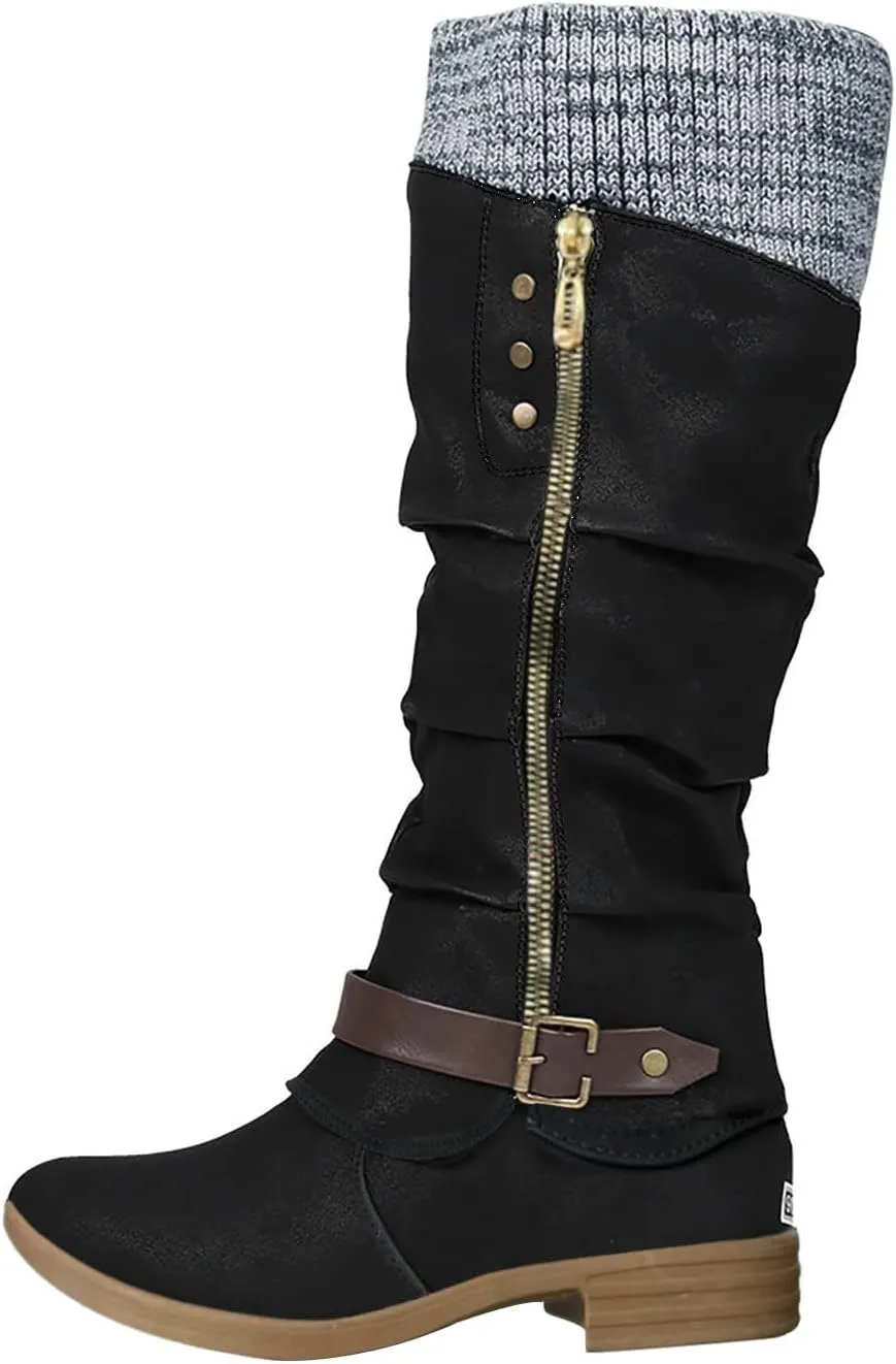 Womens Boots Fashion Buckle Insulated Warm Boots for Women Side Zipper PU Leather Winter Knee High Boots Women