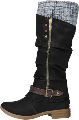 Womens Boots Fashion Buckle Insulated Warm Boots for Women Side Zipper PU Leather Winter Knee High Boots Women