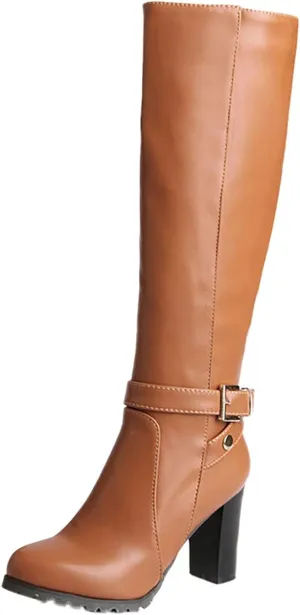 Womens Boots Fashion Buckle PU Leather Warm Boots for Women Thick Sole Heel Anti-slip Winter Boots for Women