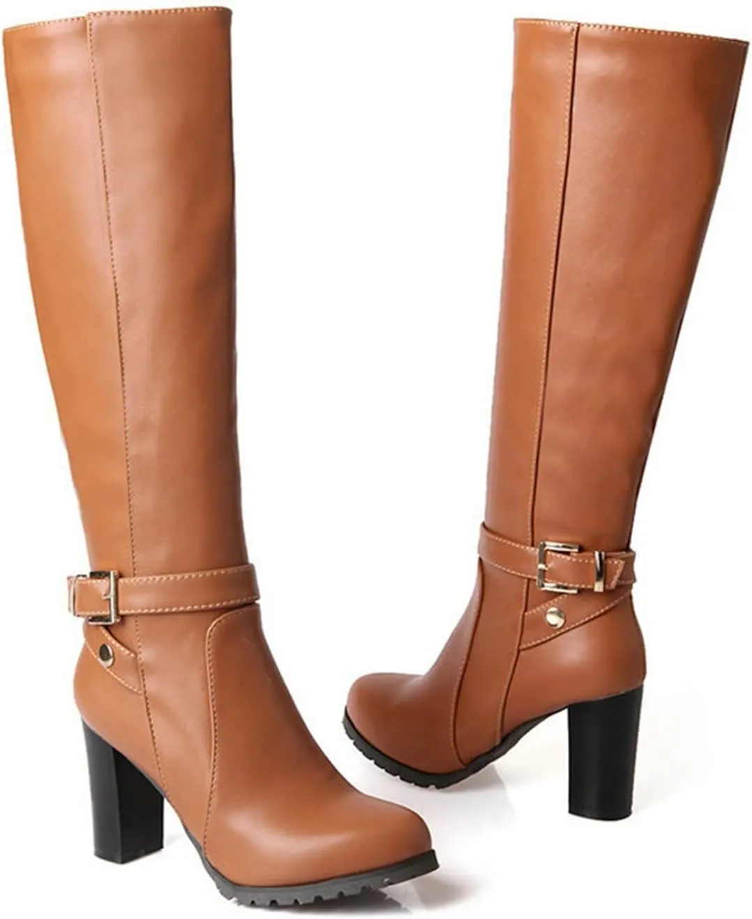 Womens Boots Fashion Buckle PU Leather Warm Boots for Women Thick Sole Heel Anti-slip Winter Boots for Women