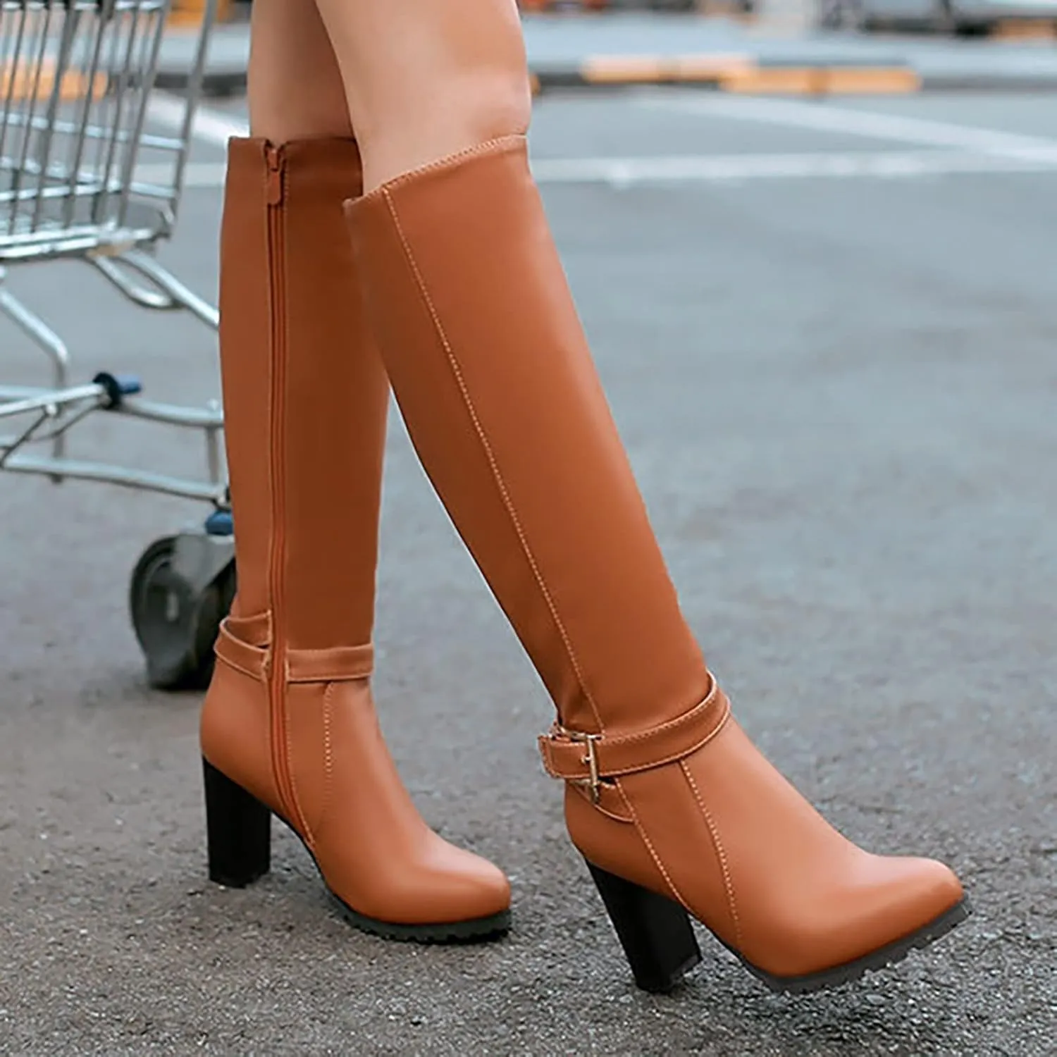 Womens Boots Fashion Buckle PU Leather Warm Boots for Women Thick Sole Heel Anti-slip Winter Boots for Women