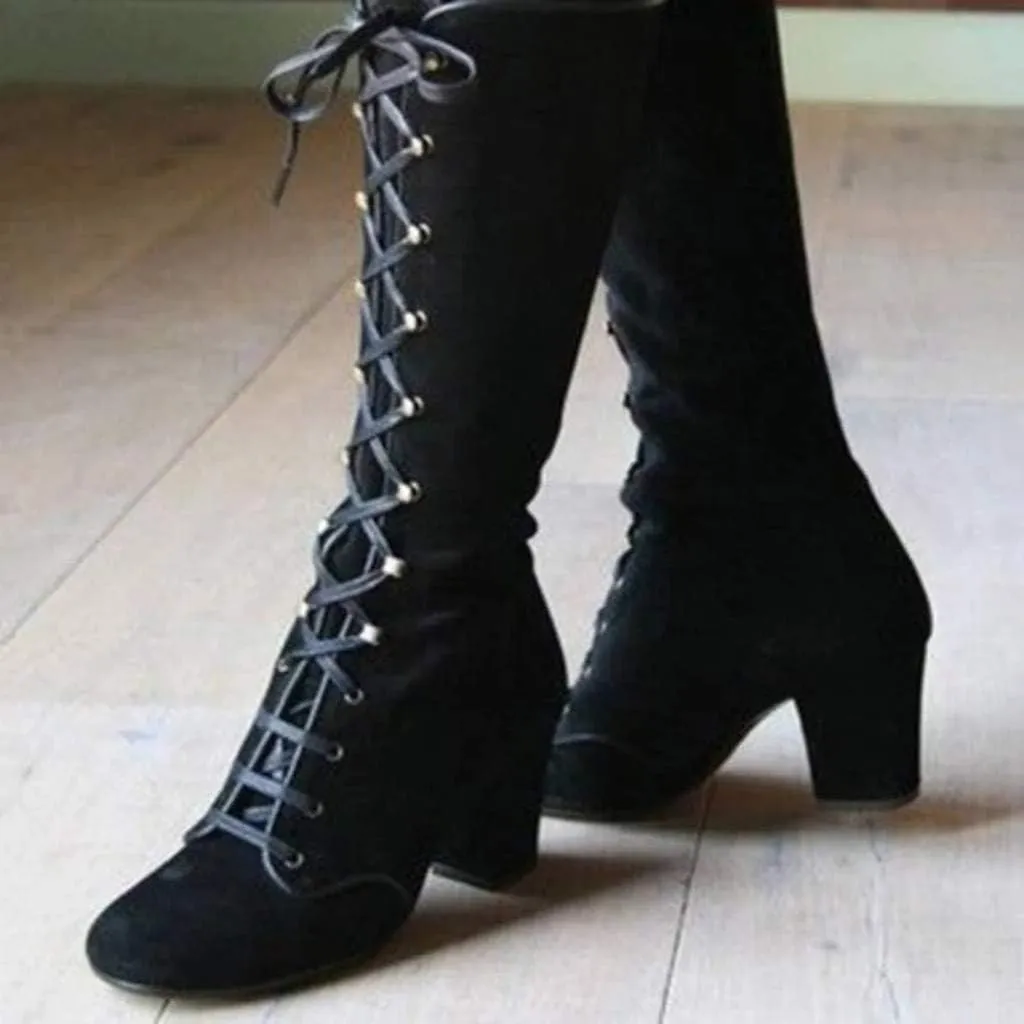 Womens Boots Retro Lace Up Warm Insulated Winter Boots for Women Thick Heels Solid Color Mid-Calf Boots for Women