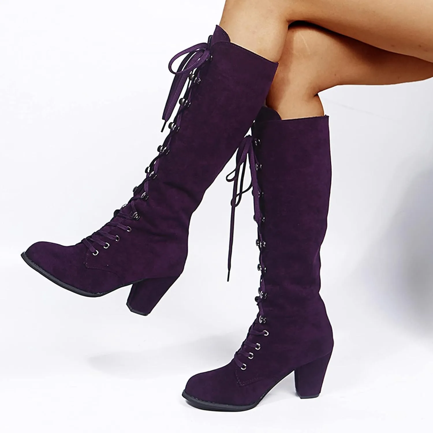 Womens Boots Retro Lace Up Warm Insulated Winter Boots for Women Thick Heels Solid Color Mid-Calf Boots for Women