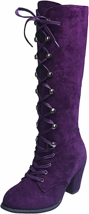 Womens Boots Retro Lace Up Warm Insulated Winter Boots for Women Thick Heels Solid Color Mid-Calf Boots for Women
