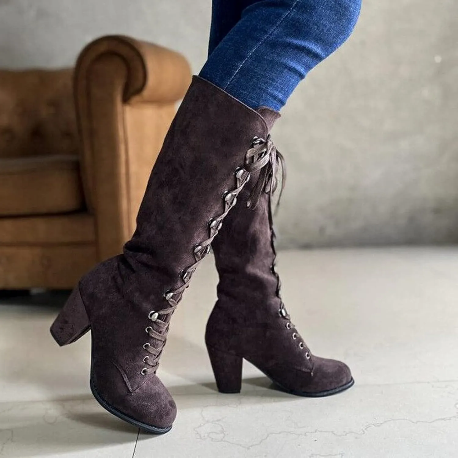 Womens Boots Retro Lace Up Warm Insulated Winter Boots for Women Thick Heels Solid Color Mid-Calf Boots for Women