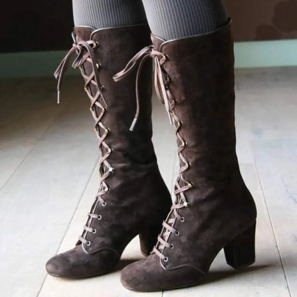 Womens Boots Retro Lace Up Warm Insulated Winter Boots for Women Thick Heels Solid Color Mid-Calf Boots for Women