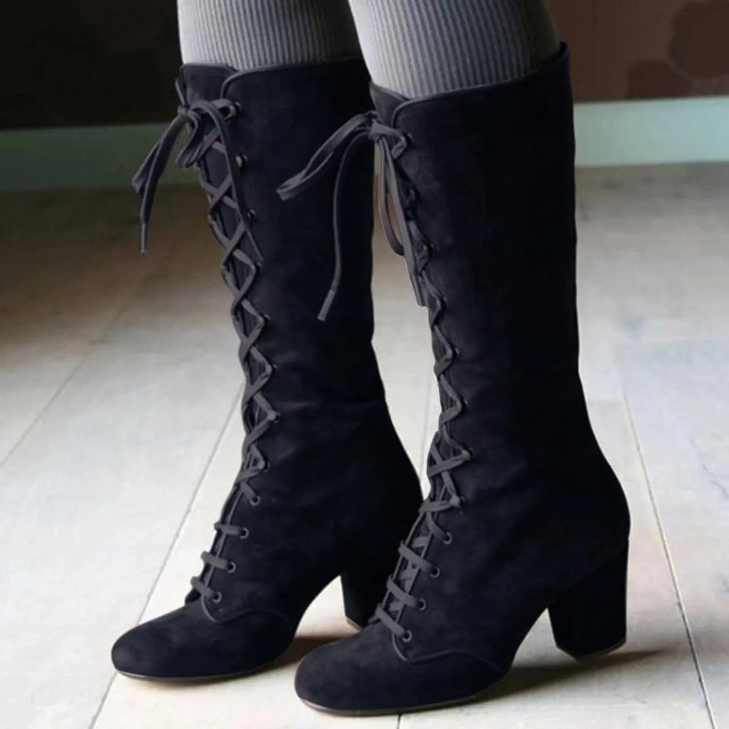 Womens Boots Retro Lace Up Warm Insulated Winter Boots for Women Thick Heels Solid Color Mid-Calf Boots for Women