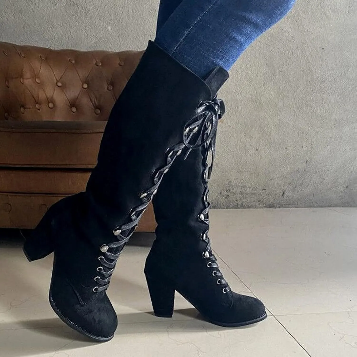 Womens Boots Retro Lace Up Warm Insulated Winter Boots for Women Thick Heels Solid Color Mid-Calf Boots for Women